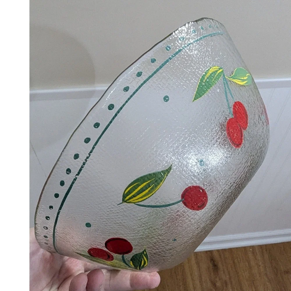 Arcoroc Serving Bowl Textured Glass‎ Hand Painted Cherry Motif 10.5